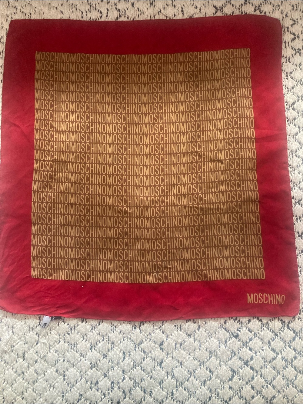 Moschino Red Silk Square Scarf with Gold Logo Print
